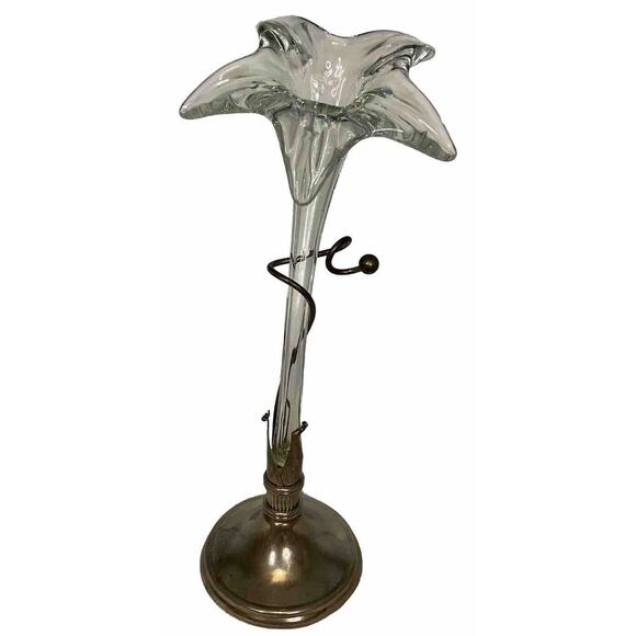 VTG Amaryllis Flower Vase In Silver Plated Ornate Metal Stand Art Glass 15.5 IN - Picture 1 of 16